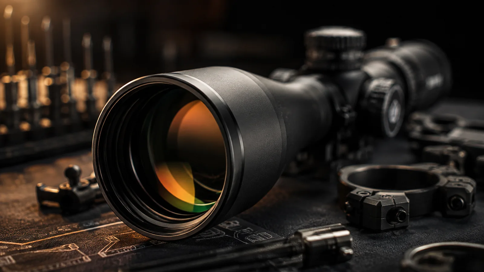 Rifle scope objective lens on a dark gunsmith bench with amber lens reflections