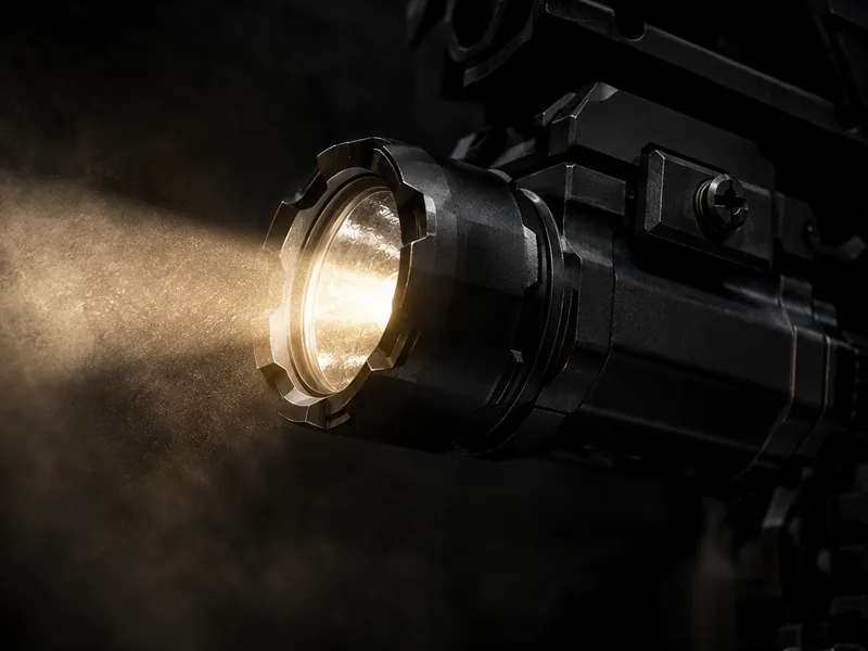 Rail-mounted tactical weapon light projecting a beam through haze in a dark room