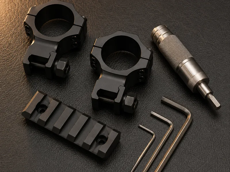 Scope rings, torque driver, hex keys and a rail section laid out on a leather bench mat